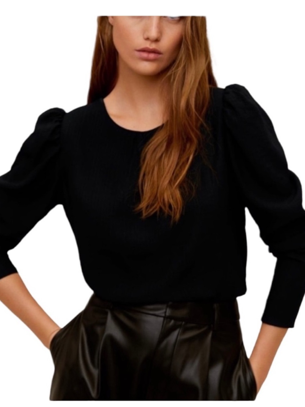 Zara Black Textured Puff Sleeve Sweater Women’s M Fall Neutral